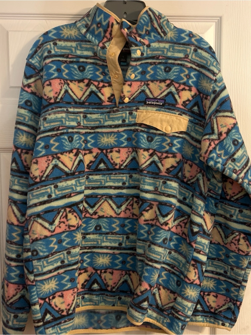 Patagonia Blue & Pink Geometric Snap-T Fleece Pullover